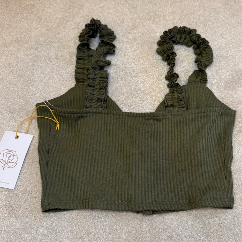 NWT Backyard Roses Green Ribbed Crop Top with Buttons and Ruffle Straps Size XS - Picture 5 of 6